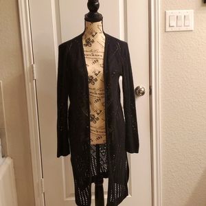 "Hooked Up" Long Juniors, Medium Black Crochet Sweater